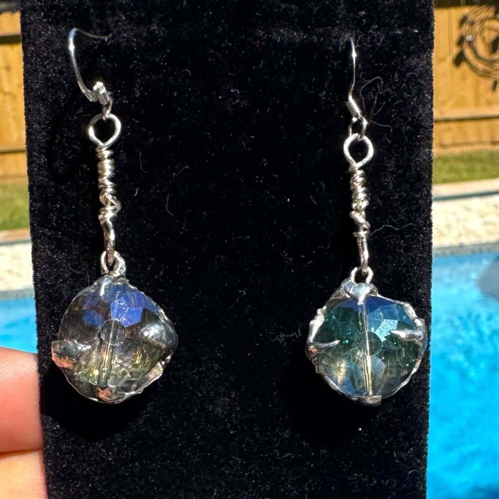 Artisan Aurora Borealis Crystal Dangle Earrings 925 Hooks & Silver/Tin Metalwork - Picture 7 of 17